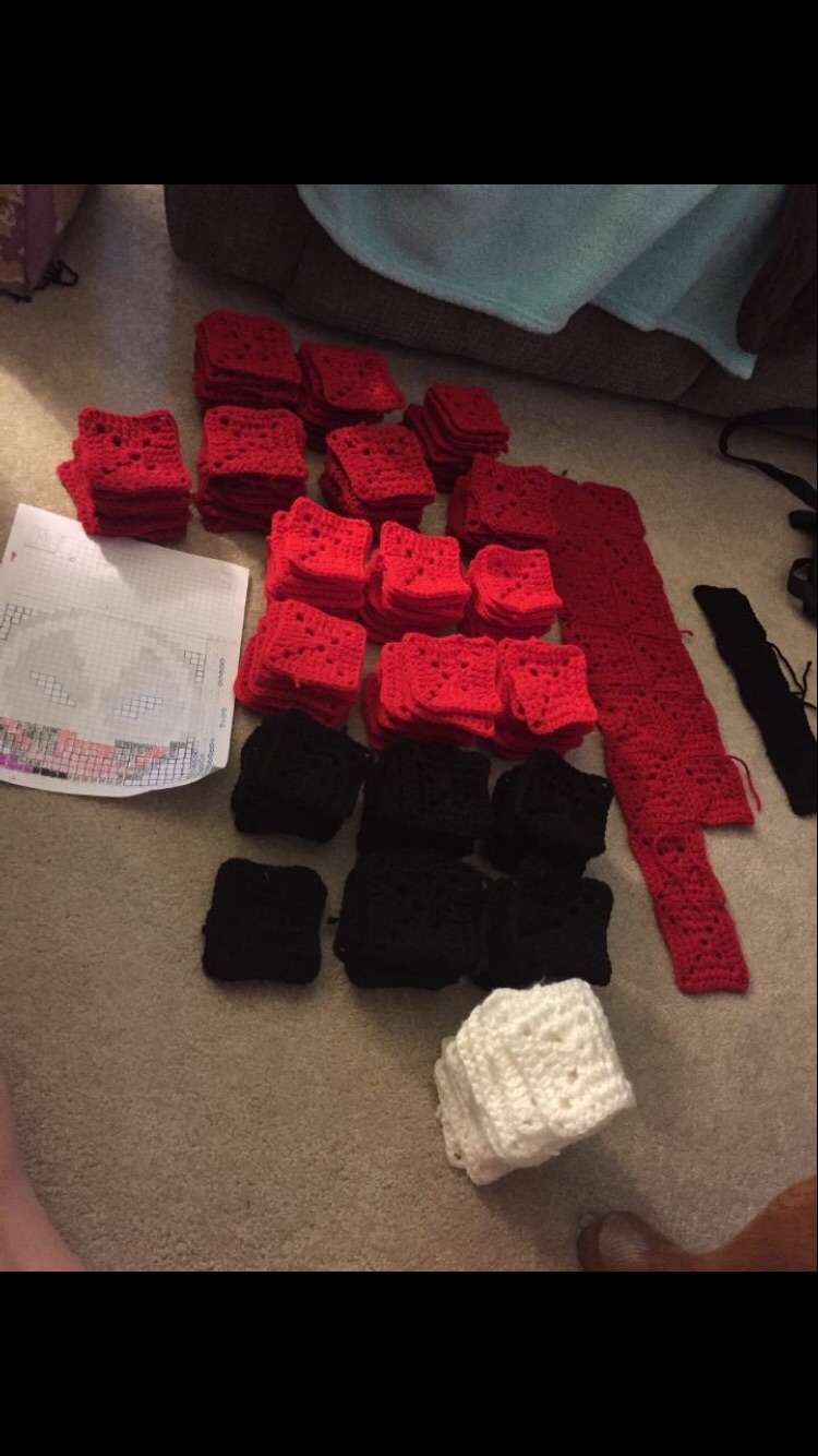 Making a dead pool Afghan blanket for a Christmas present. This is 200 squares I am over 300 right now and not even half way done