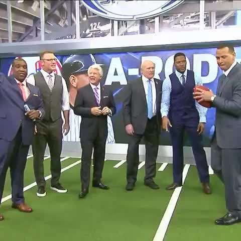 Akex Rodriguez throws a football on live TV... destroys a TV!