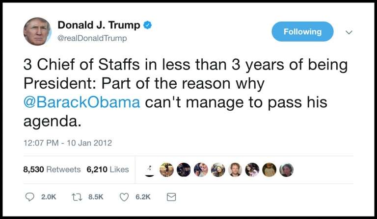 In 2012, #DonaldTrump Tweets on #Obama's 3 Chief of Staffs in Less Than 3 Years...