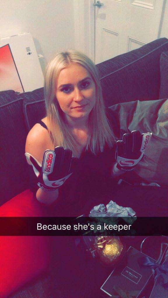BF gave her a goalie gloves for Christmas for being a keeper...