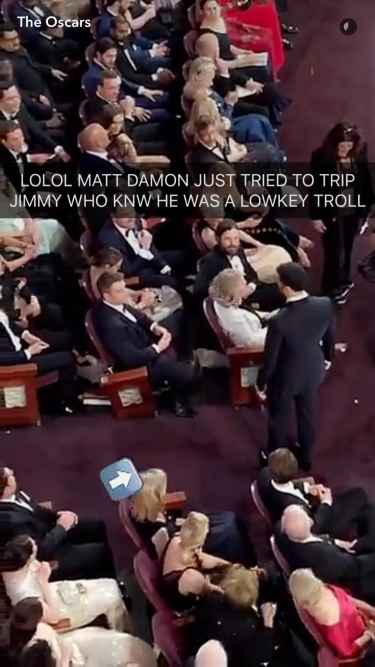#Oscars2017: The beef between Matt Damon and Jimmy Kimmel continued at the Oscars when Matt tripped Jimmy on live TV 😂