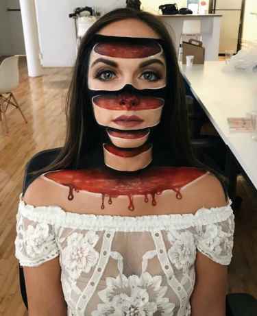 This awesome bloody sliced head 3D makeup
