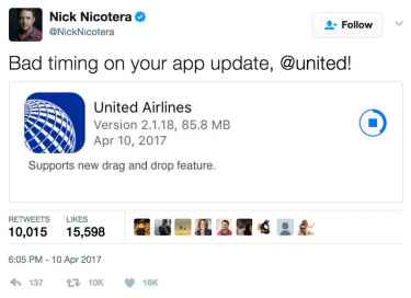 United Airlines updated their app with new 'drag and drop' feature... bad timing