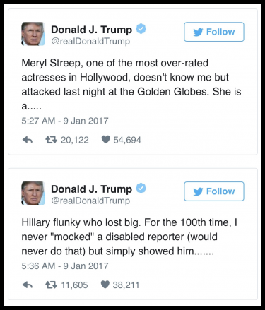 Thin-skinned President-elect Donald Trump responded to Meryl Streep on Twitter as always