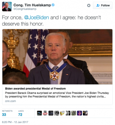Ex-congressman of Kansas, Tim Huelskamp, disrespected Vice President Joe Biden on Twitter