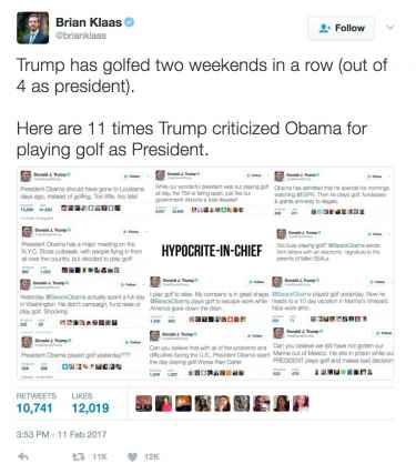 Trump is our Hypocrite-in-chief, criticized Obama many times for golfing, he already played golf two weekends in a row