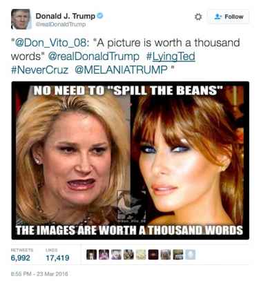 Donald Trump retweets a photo comparing looks of his wife Melania Trump to Ted Cruz's wife