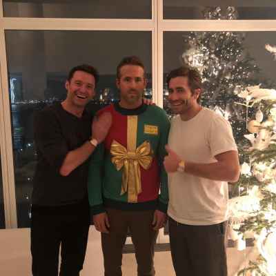 Jake Gyllenhaal and Hugh Jackman invited Ryan Reynolds to an ugly sweater party. #RyanReynolds