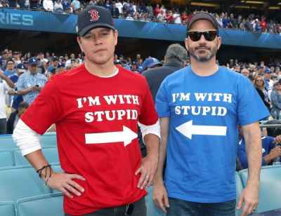 Matt Damon and Jimmy Kimmel at the #RedSox vs #Dodgers #WorldSeries game