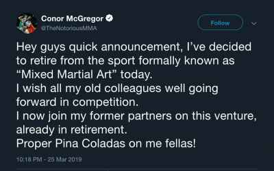 Conor McGregor announced his retirement from #MMA on Twitter 😮 #ConorMcGregor