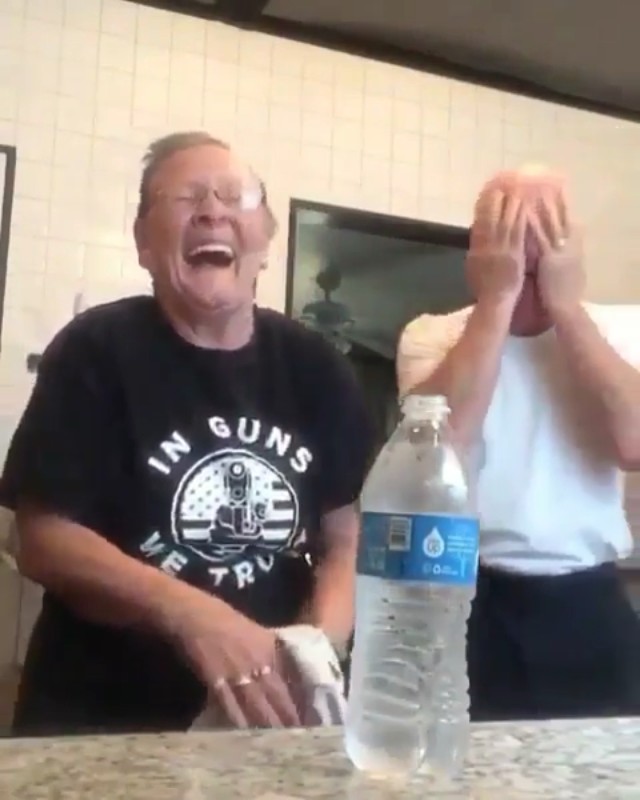 Grandma pranks grandpa with penny inside the bottled water trick... she almost died laughing 😂
