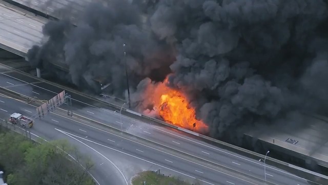 Raw Video: Portion of Atlanta Highway I-85 Collapsed and on Fire!